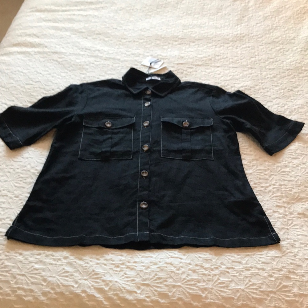 Black linen blouse with white stitching - Picture 3 of 11